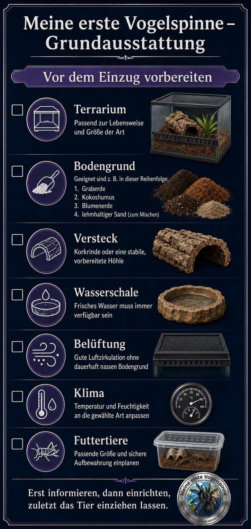 Infografik: Grundausstattung für die erste Vogelspinne